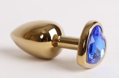 Золотистая анальная пробка с синим стразиком-сердечком - 8 см. - фото, цены