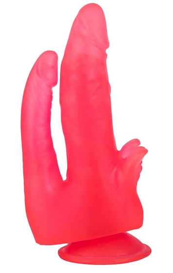 Розовый двойной фаллоимитатор с лепестками и присоской - 17 см. - фото, цены