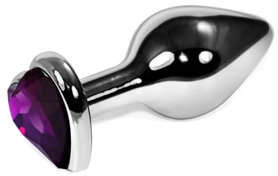 Серебристая анальная пробка с фиолетовым кристаллом-сердечком - 9 см. - фото, цены