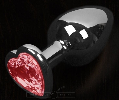 Серая анальная пробка с красным кристаллом в виде сердечка - 8,5 см. - фото, цены