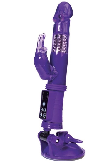 Фиолетовый вибратор с вращением бусин, клиторальным зайчиком и надёжной присоской - фото, цены