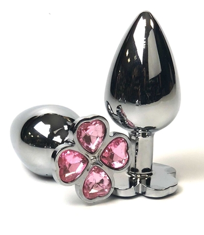 Серебристая анальная втулка с клевером из нежно-розовых кристаллов - 6,5 см. - фото, цены