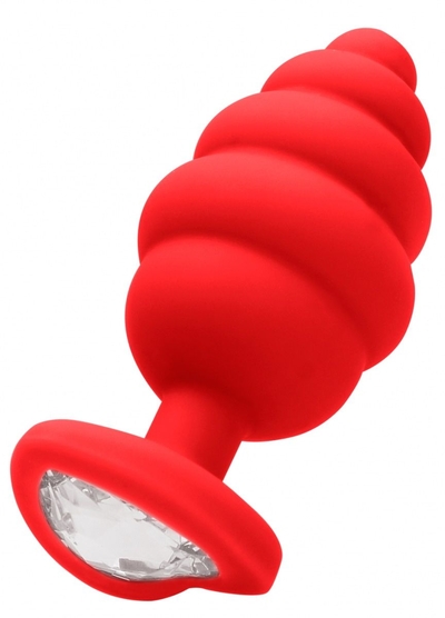 Красная анальная пробка Regular Ribbed Diamond Heart Plug - 7 см. - фото, цены