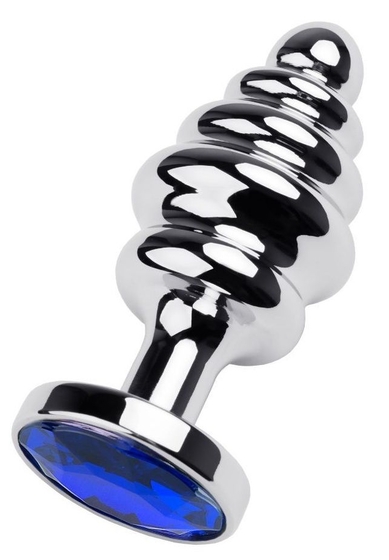 Серебристая анальная пробка-елочка с синим кристаллом - 7,2 см. - фото, цены