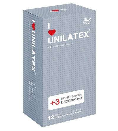 Презервативы с точками Unilatex Dotted - 12 шт. + 3 шт. в подарок - фото, цены