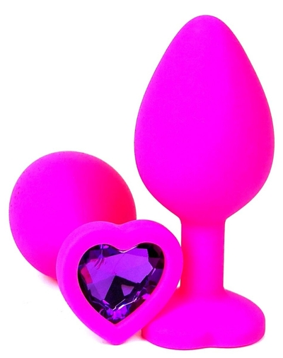 Розовая силиконовая пробка с фиолетовым кристаллом-сердцем - 10,5 см. - фото, цены