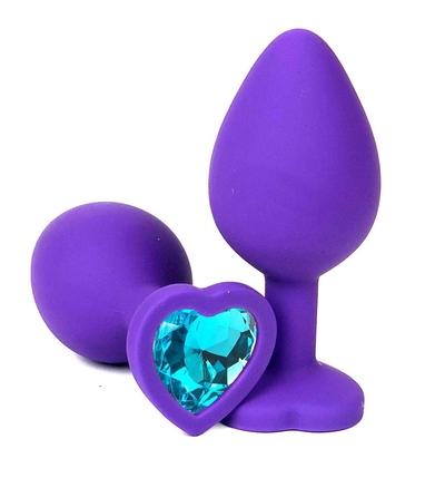 Фиолетовая силиконовая анальная пробка с голубым стразом-сердцем - 8 см. - фото, цены