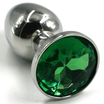 Серебристая коническая анальная втулка с зеленым кристаллом - 7 см. - фото, цены