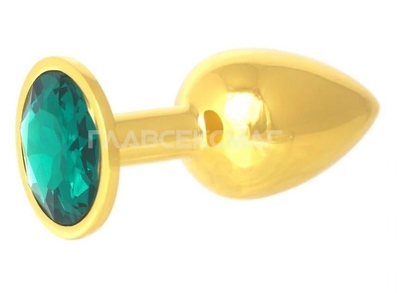 Золотистая анальная пробка с зелёным кристаллом - 7 см. - фото, цены