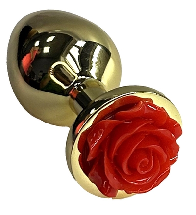 Золотистая анальная пробка с ограничителем в форме красной розы - 9 см. - фото, цены