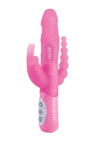 Розовый вибратор-кролик с анальным стимулятором Slimline Triple Play - 15,5 см. - фото, цены