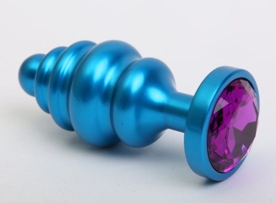Синяя ребристая анальная пробка с фиолетовым кристаллом - 7,3 см. - фото, цены