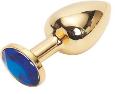 Золотистая анальная пробка с тёмно-синим кристаллом размера M - 8 см. - фото, цены