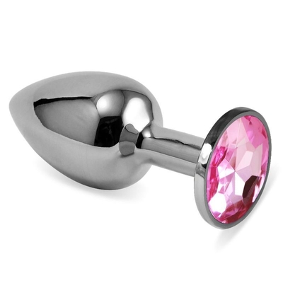 Серебристая анальная пробка с розовым кристаллом размера M - 8 см. - фото, цены