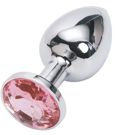 Серебряная металлическая анальная пробка с розовым стразиком - 7,6 см. - фото, цены