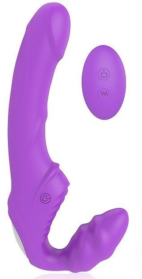 Фиолетовый безремневой страпон с 9 режимами вибрации и пультом ду - фото, цены