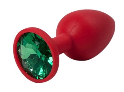 Красная силиконовая анальная пробка с зеленым стразом - 6,8 см. - фото, цены