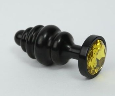 Чёрная ребристая анальная пробка с жёлтым кристаллом - 7,3 см. - фото, цены