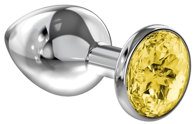 Большая серебристая анальная пробка Diamond Yellow Sparkle Large с жёлтым кристаллом - 8 см. - фото, цены