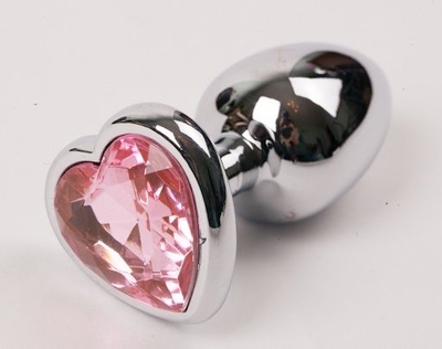 Серебристая анальная пробка с розовым стразиком-сердечком - 8 см. - фото, цены