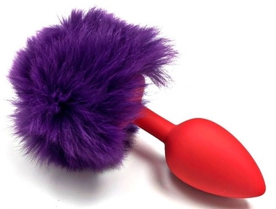 Красная силиконовая анальная пробка с пушистым фиолетовым хвостиком - фото, цены
