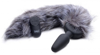 Черная анальная вибропробка с серым лисьим хвостом Grey Fox Tail Vibrating Anal Plug - фото, цены