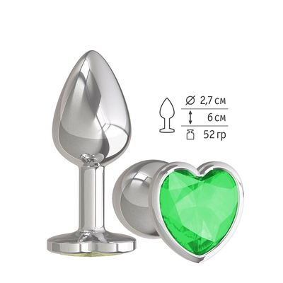 Серебристая анальная втулка с зеленым кристаллом-сердцем - 7 см. - фото, цены