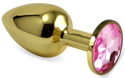 Золотистая анальная пробка с нежно-розовым кристаллом - 5,5 см. - фото, цены