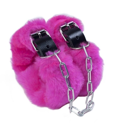 Кожаные наручники со съемной розовой опушкой - фото, цены