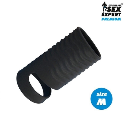 Черная открытая насадка на пенис с кольцом для мошонки size M - 7,9 см. - фото, цены
