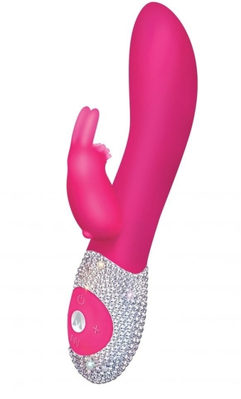 Ярко-розовый вибромассажёр с клиторальным отростком и отделанной стразами рукоятью The Classic Rabbit - 22 см. - фото, цены