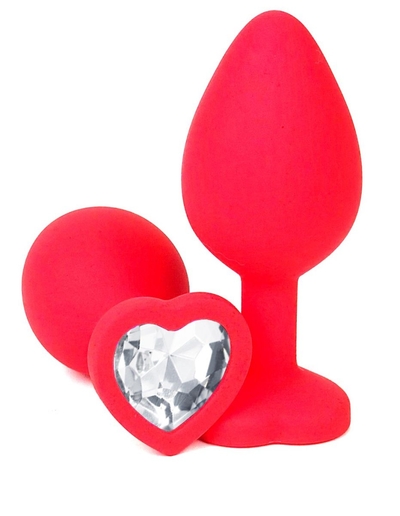Красная силиконовая анальная пробка с прозрачным стразом-сердцем - 8 см. - фото, цены