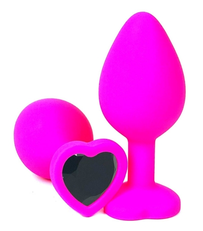 Розовая силиконовая пробка с черным кристаллом-сердцем - 10,5 см. - фото, цены