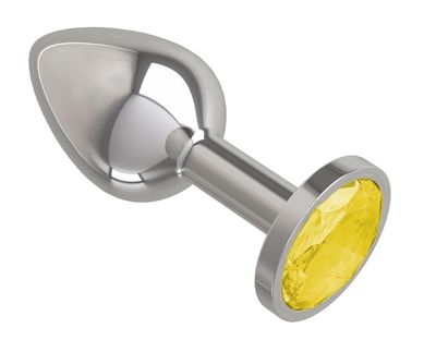 Серебристая конусовидная анальная пробка с желтым кристаллом - 7 см. - фото, цены