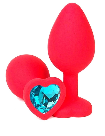 Красная силиконовая анальная пробка с голубым стразом-сердцем - 10,5 см. - фото, цены