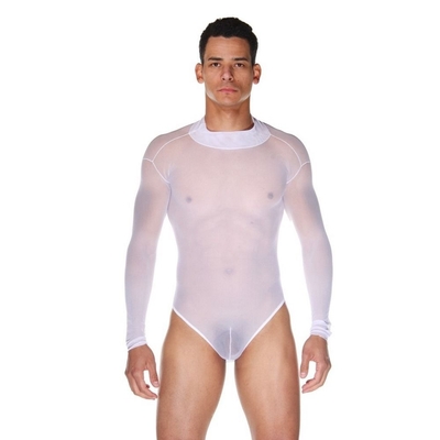 Белое полупрозрачное мужское боди с длинным рукавом - фото, цены