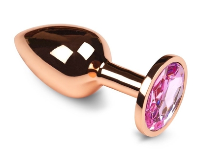 Маленькая золотистая анальная пробка с розовым кристаллом - 6 см. - фото, цены