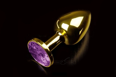 Маленькая золотистая анальная пробка с круглым кончиком и фиолетовым кристаллом - 7 см. - фото, цены