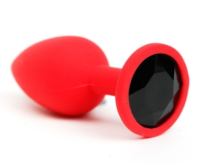 Красная силиконовая анальная пробка с черным стразом - 6,8 см. - фото, цены