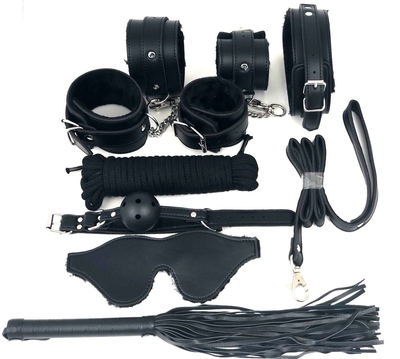 Набор бдсм в черном цвете: наручники, поножи, кляп, ошейник с поводком, маска, веревка, плеть - фото, цены
