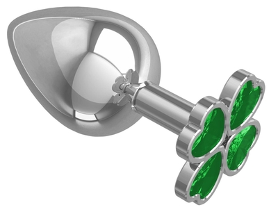 Серебристая анальная пробка-клевер с зеленым кристаллом - 9,5 см. - фото, цены