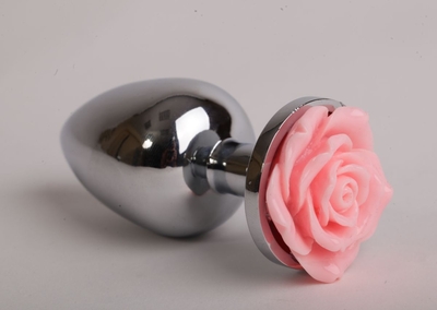 Серебристая анальная пробка со светло-розовой розочкой - 7,6 см. - фото, цены