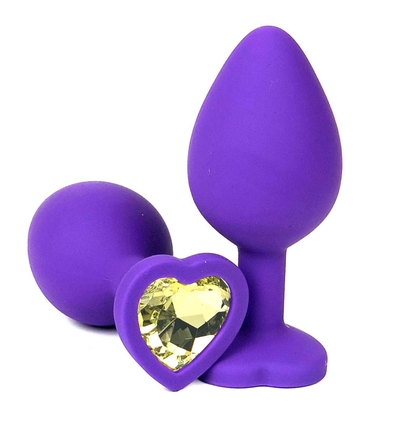 Фиолетовая силиконовая анальная пробка с желтым стразом-сердцем - 8,5 см. - фото, цены
