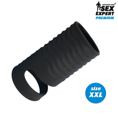 Черная открытая насадка на пенис с кольцом для мошонки XXL-size - 9,4 см. - фото, цены