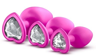 Набор розовых анальных пробок с прозрачным кристаллом-сердечком Bling Plugs Training Kit - фото, цены