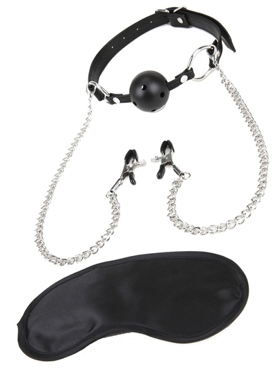 Чёрный кляп-шар с зажимами для сосков - фото, цены