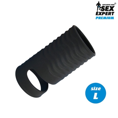 Черная открытая насадка на пенис с кольцом для мошонки L-size - 8,5 см. - фото, цены