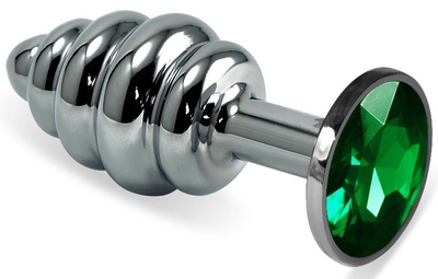 Серебристая ребристая анальная пробка с зеленым стразом - 7,5 см. - фото, цены