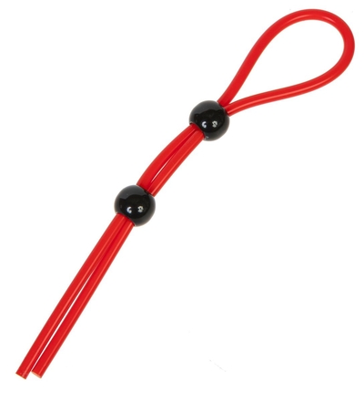 Красное эрекционное лассо с 2 черными бусинами для утяжки - фото, цены