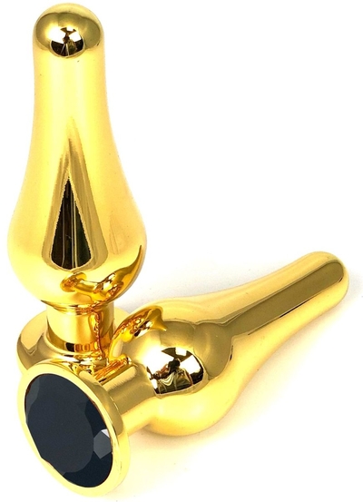 Золотистая удлиненная анальная пробка с черным кристаллом - 8 см. - фото, цены